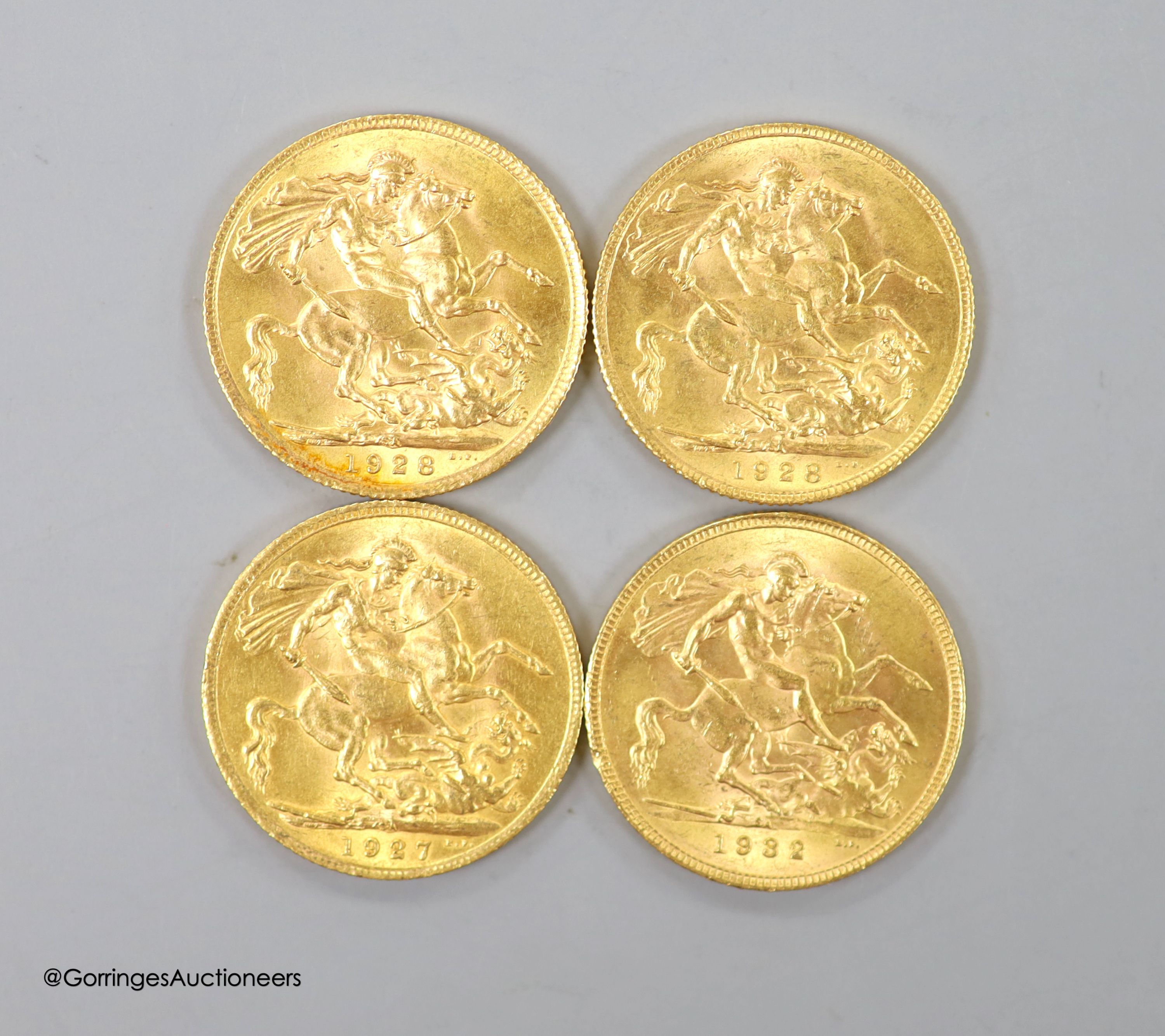 Four George V gold sovereigns, 1927, 1928 (2) and 1932 all South Africa mint